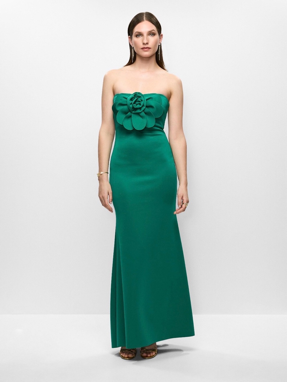Strapless Jade Green Floral Appliqué Evening Gown - NWT